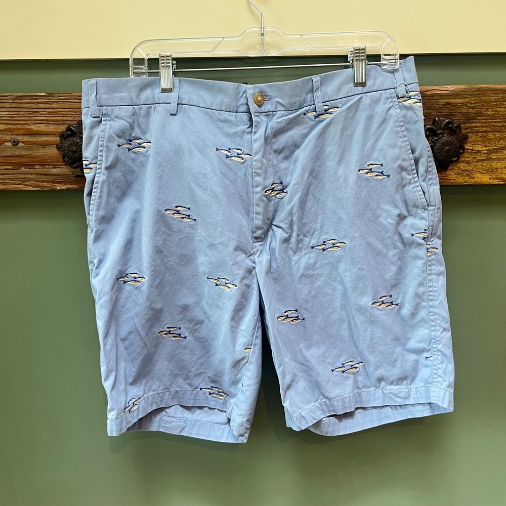 J.McLaughlin Mens 36 Light Blue Fish Embroidered Chino Shorts Nautical Preppy